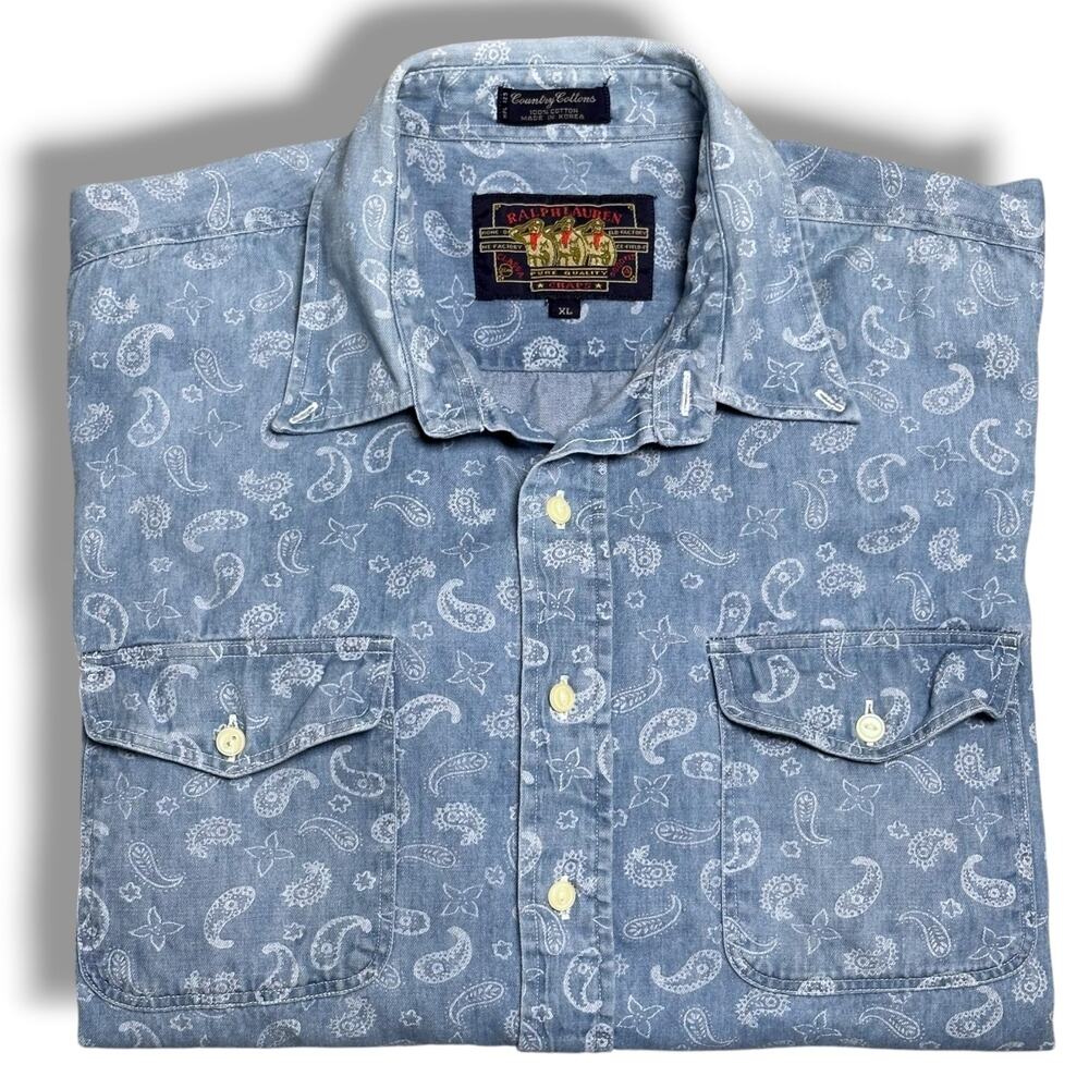 Vintage 90s Chaps Ralph Lauren Country Cottons Denim Chambray Paisley Shirt XL